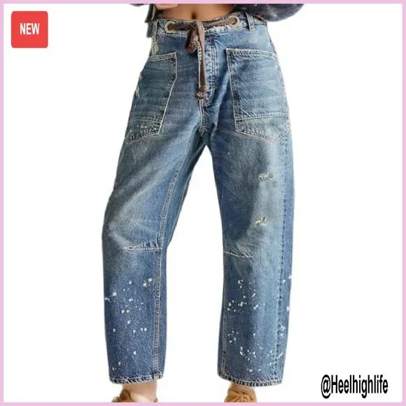 Pull-On Barrel Jeans Boyfriend Fit Elastic Waist Stretchy Denim Pants
